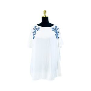 LOFT White & Blue Boho Embroidered Flutter Sleeve Blouse - XL